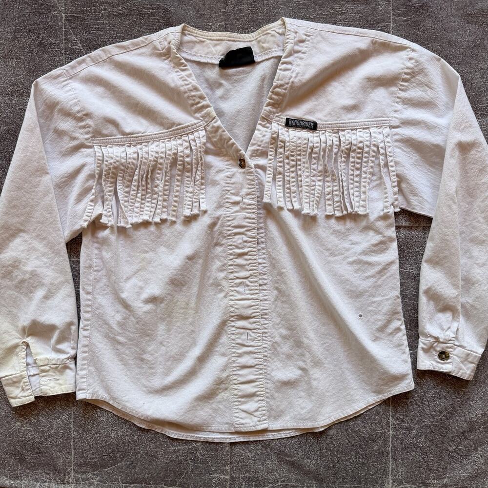 Women's Vintage 80's Rough Rider Circle White Fringe Western Wear L/S Shirt Sz M